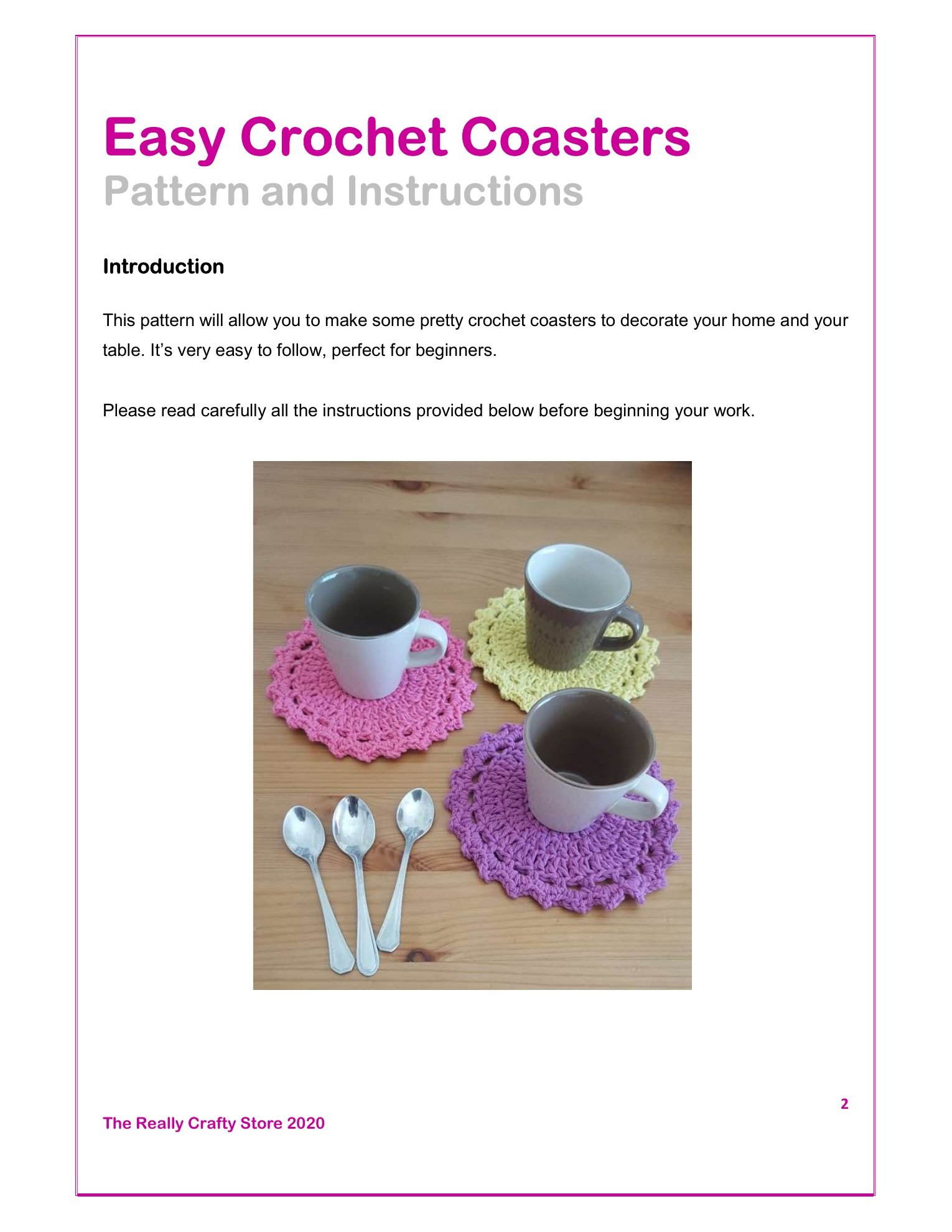 Easy crochet coasters pattern original page 2: Introduction and table setting