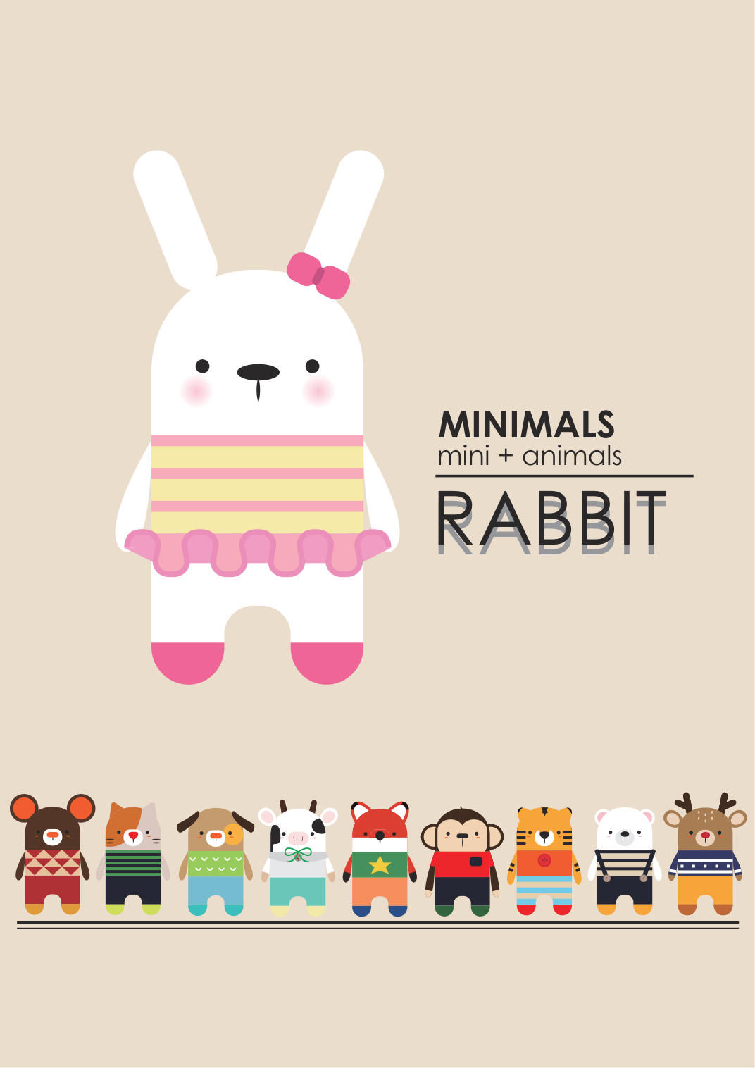 Mini bunny crochet pattern cover: illustrated white rabbit wearing a striped dress and pink bow